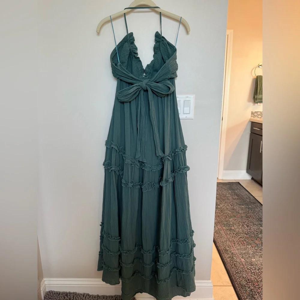 Dark Teal Ruffle Ruched Deep V-Neck Dress - Picture 4 of 6